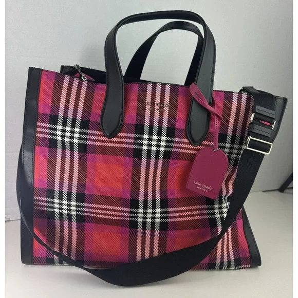 kate spade new york Manhattan Foliage Plaid Fabric Large Tote Bag Pink Multi EUC - Picture 2 of 14